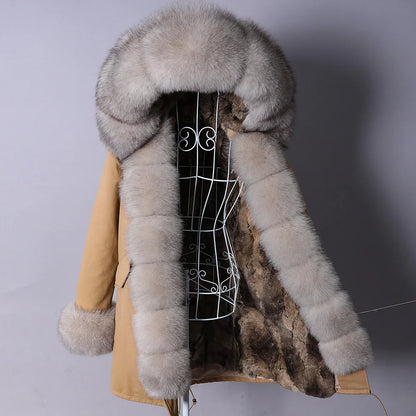 MAOMAOKONG 2023 Abnehmbarer Echtfuchs Pelzkragen Mäntel Damen Winterjacke Kapuze Kaninchenfellfutter Lange Parkas Damenbekleidung