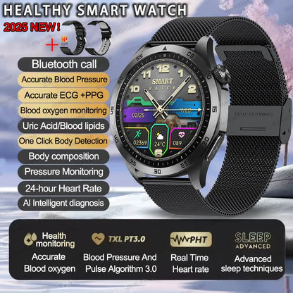 EKG-PPG-Smartwatch für Herren – Blutdruck-, Blutfett- und Harnsäuremonitor mit Bluetooth-Anruffunktion