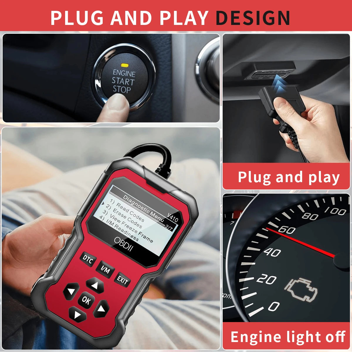 Collage of a car diagnostic tool, engine start stop button, and vehicle dashboard with text 'Plug and Play Design'.