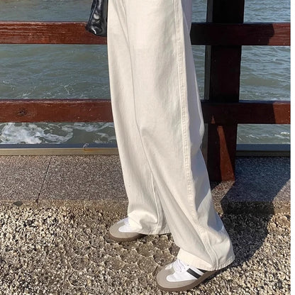 Lockere weiße Wide-Leg-Jeans für Damen, mit Falten, hoher Taille, gerades weites Bein, Mopping-Hose