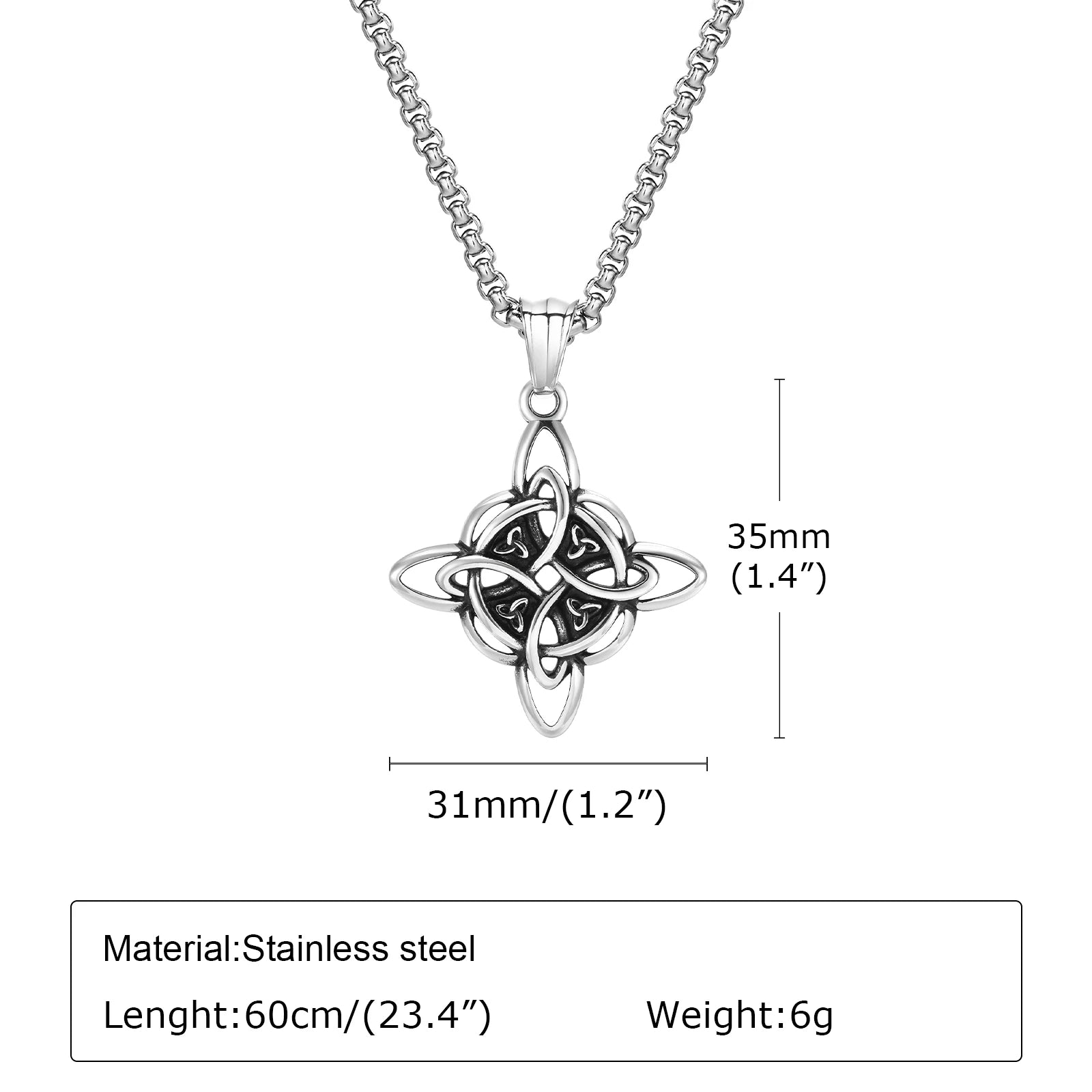 Vnox stainless steel Celtic knot pendant with dimensions 35mm by 31mm on a 60cm chain necklace.