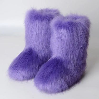 Women's Winter Snow Boots Outdoor Luxury Furry Faux Fox Fur Boots Woman Plush Warm Platform Shoes New Fashion Bottes Big Size 46