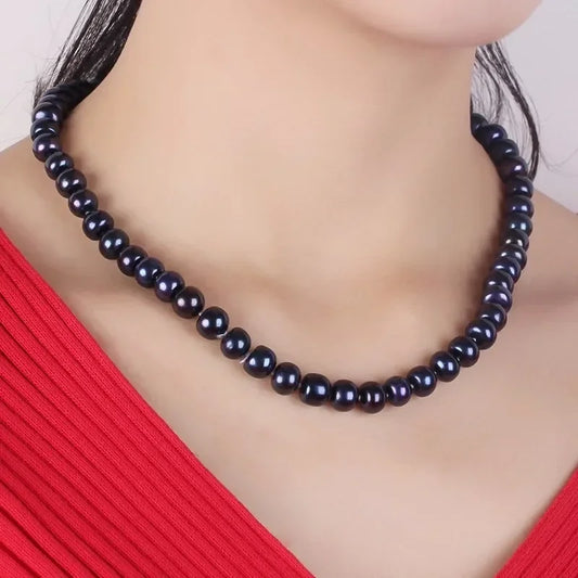 7-10mm Natural Freshwater Black Pearls Necklace for Women 925 Sterling Silver Life of Tree Buckle Necklace Jewelry Gift - Teglex