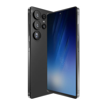 Foldable smartphone with a black exterior and blue screen on a white background