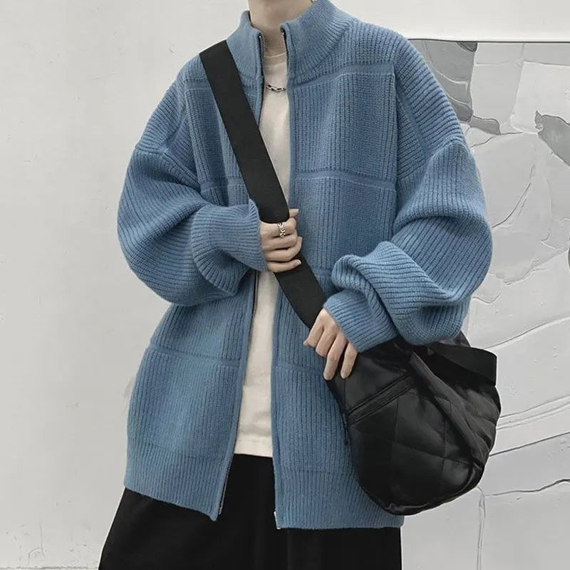 Men's Clothing Stand Collar Cardigan Knitted Casual Autumn Winter All-match Solid Color Loose Spliced Stylish Zipper Sweaters