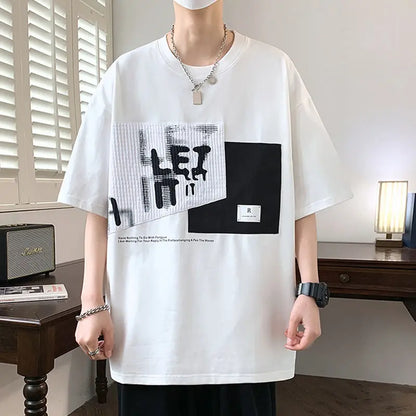 Men's Retro Patchwork T-Shirt  Neck Loose Tshirt