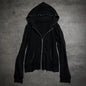 Damen Gothic Ästhetik Herbst Winter Pelzkragen Hoodie Lässiger schmaler schicker Cardigan Sweatshirt 2000er Kleidung