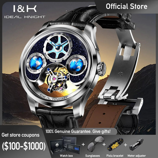 Luxury watch with visible mechanical components on a dark background, featuring the brand 'Ideal Knight'.