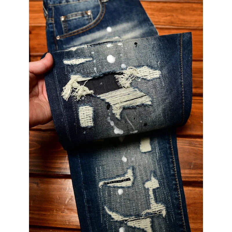 Men's Nostalgic Slim Jeans – Patched Inkjet Denim