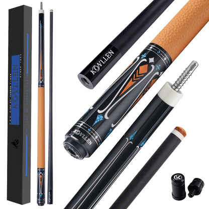 Kovllen pool cue with components and packaging on a white background