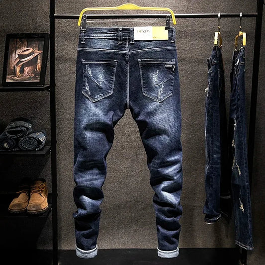 American Elastic Straight Jeans Men Ripped Worn-out Slim-fit Cotton Men's Clothing