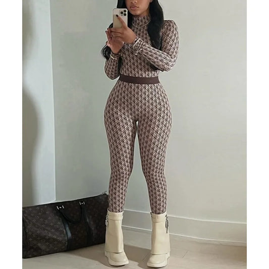 Krisnanas Argyle Skinny Jumpsuits for Woman 2025 Stand Neck Long Sleeve Zipper One Piece Bodysuit Fitness Sportwear 154004