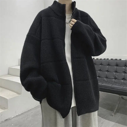 Men's Clothing Stand Collar Cardigan Knitted Casual Autumn Winter All-match Solid Color Loose Spliced Stylish Zipper Sweaters