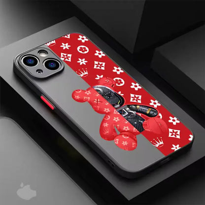 Phone case with red and white pattern on a black background