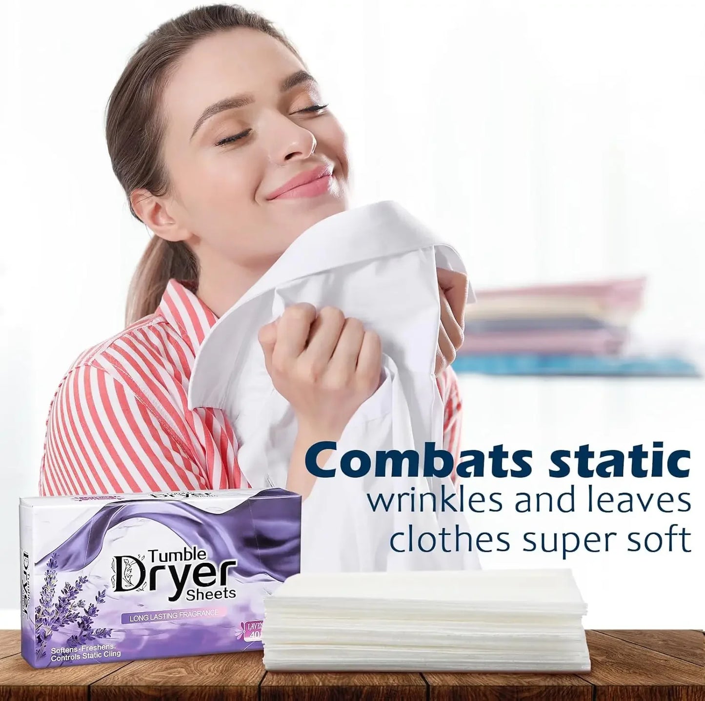 Woman holding a white towel with Tumble Dryer Sheets packaging and text on a white background