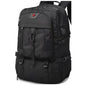 Black backpack with multiple pockets and straps on a white background