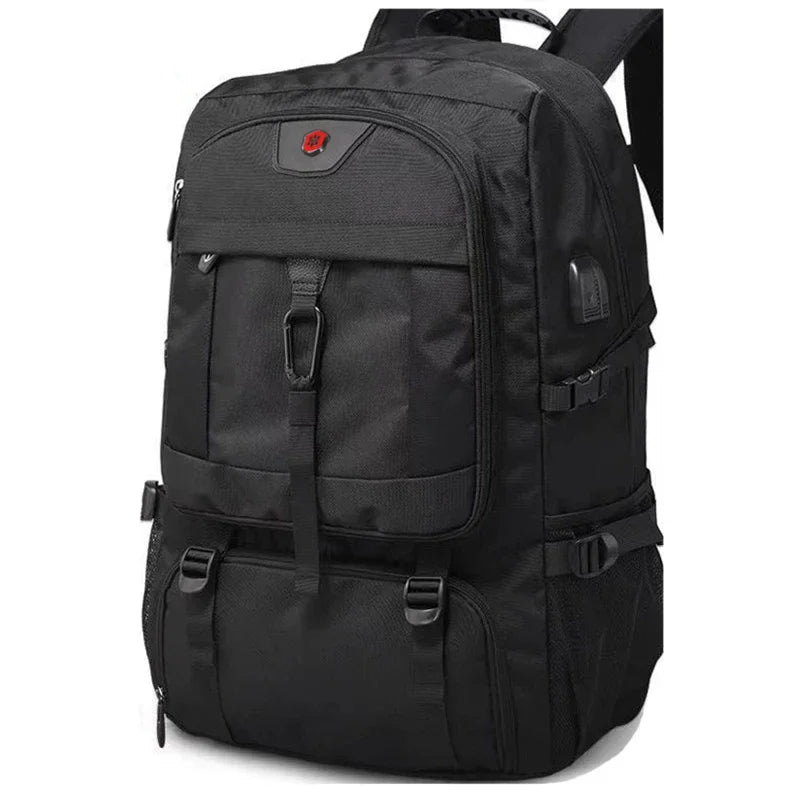 Black backpack with multiple pockets and straps on a white background