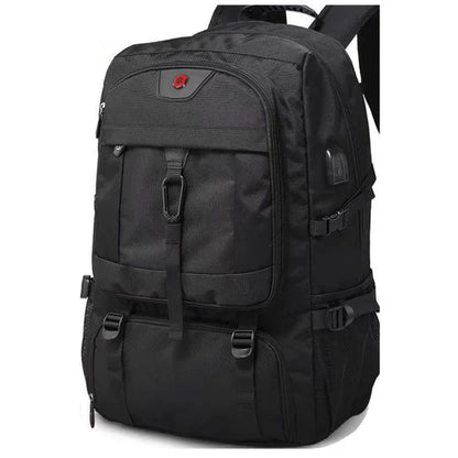 Black backpack with multiple pockets and straps on a white background