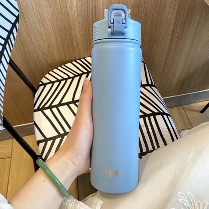 TYESO 600/750ML Thermosflasche mit Strohhalm Edelstahl Auto Thermobecher Sport Wasserflaschen Hält Kalt und Warm Thermobeker