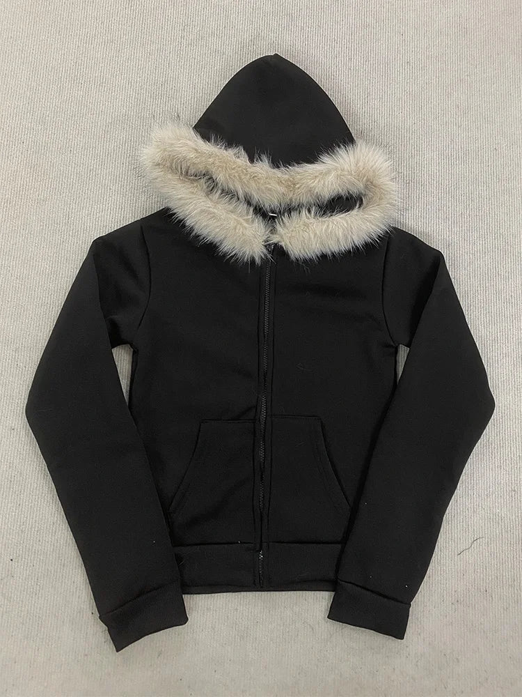 Hoodie Slim Fur Collar Cardigan Sweater Jacket