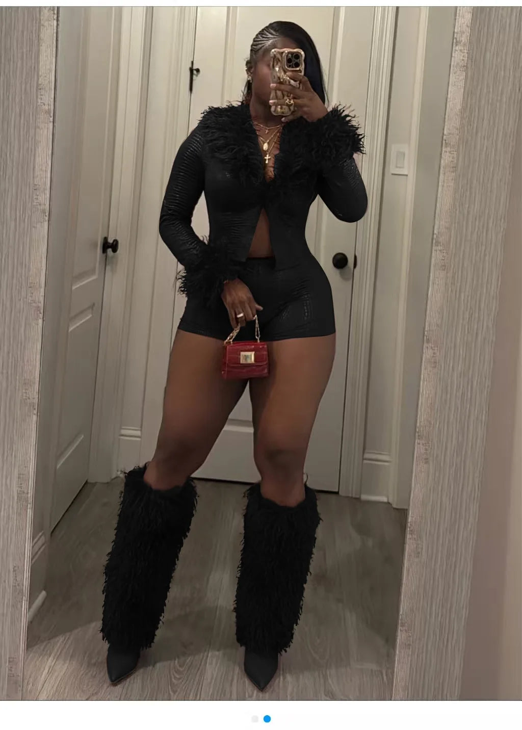 FAGADOER Sexy Fur Leather Patchwork 2 Pieces Set for Woman Outfits Solid Color Long Sleeves Crop Top + Shorts Female Streetwear