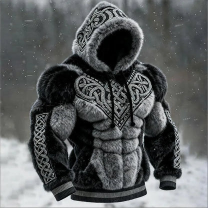 Men's Casual Sports Hoodie Fleece Lined Chest Muscle Print Long Sleeve Loose Fit Polyester Fiber Digital Print Hooded Sweatshirt