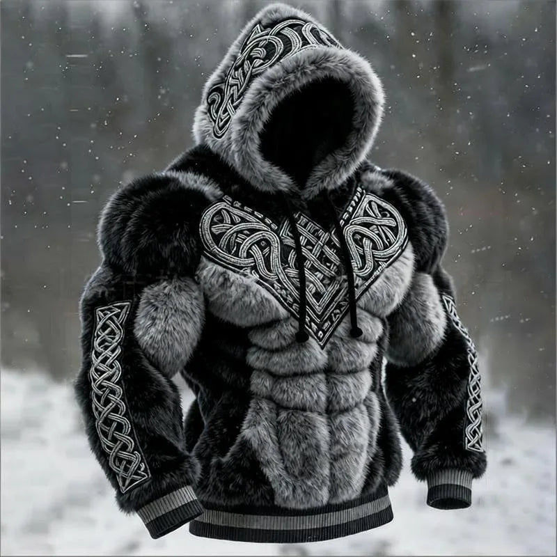 Men's Casual Sports Hoodie Fleece Lined Chest Muscle Print Long Sleeve Loose Fit Polyester Fiber Digital Print Hooded Sweatshirt