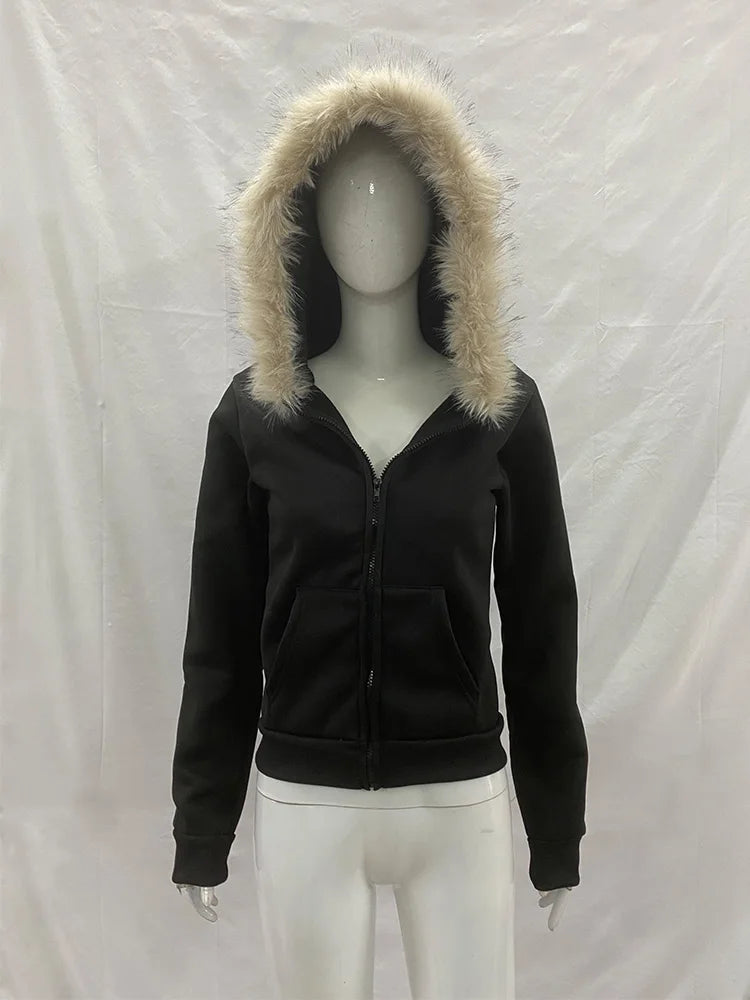 Hoodie Slim Fur Collar Cardigan Sweater Jacket