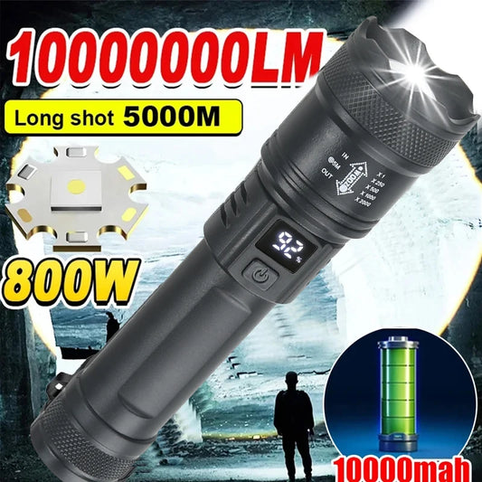 High-powered flashlight with specifications on a dark background