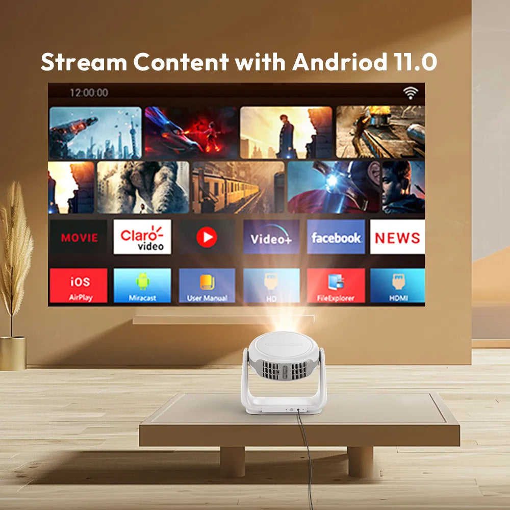 Projector displaying Android 11.0 interface with apps on a screen, placed on a wooden surface.