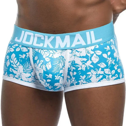 JOCKMAIL Marken Herren-Slips, atmungsaktive Boxershorts, Baumwolle, Herrenunterwäsche, U-förmiger Beutel, sexy Unterhose, bedruckte Blätter, Homewear-Shorts