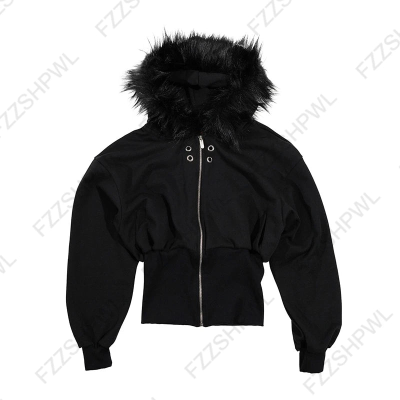 Aesthetic Women's Fur Collar Hoodie Sexy Slim Chic Casual Solid Color Cardigan Sweatshirt Goth Punk Rock Streetwear