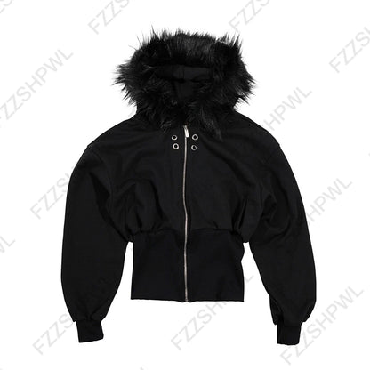 Aesthetic Women's Fur Collar Hoodie Sexy Slim Chic Casual Solid Color Cardigan Sweatshirt Goth Punk Rock Streetwear