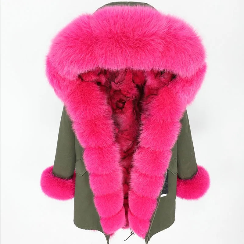MAOMAOKONG Brand Long Winter Jacket Women Outwear Thick Parkas Natural Real Fox Fur Collar Coat Hooded Pink Female Clothing