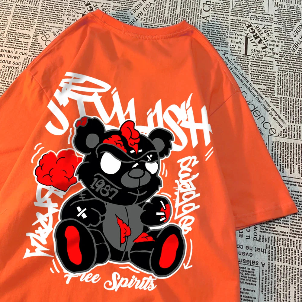 Explodierende schwarze Puppenbär-Männer-Frauen-T-Shirts Hochwertige Baumwolltops Sommer Locker T-Shirts Einfachheit Atmungsaktive Streetwear