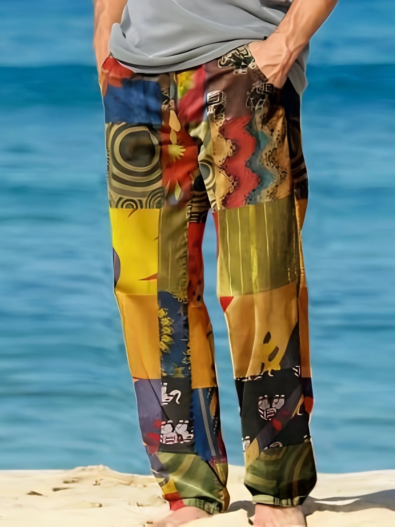 Men's Casual Linen Cotton trousers, Summer Ethnic Printed Beach pants, retro, mid-waist, zippered, Large Size Ropa Hombre