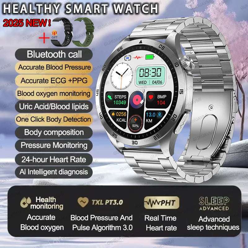 EKG-PPG-Smartwatch für Herren – Blutdruck-, Blutfett- und Harnsäuremonitor mit Bluetooth-Anruffunktion