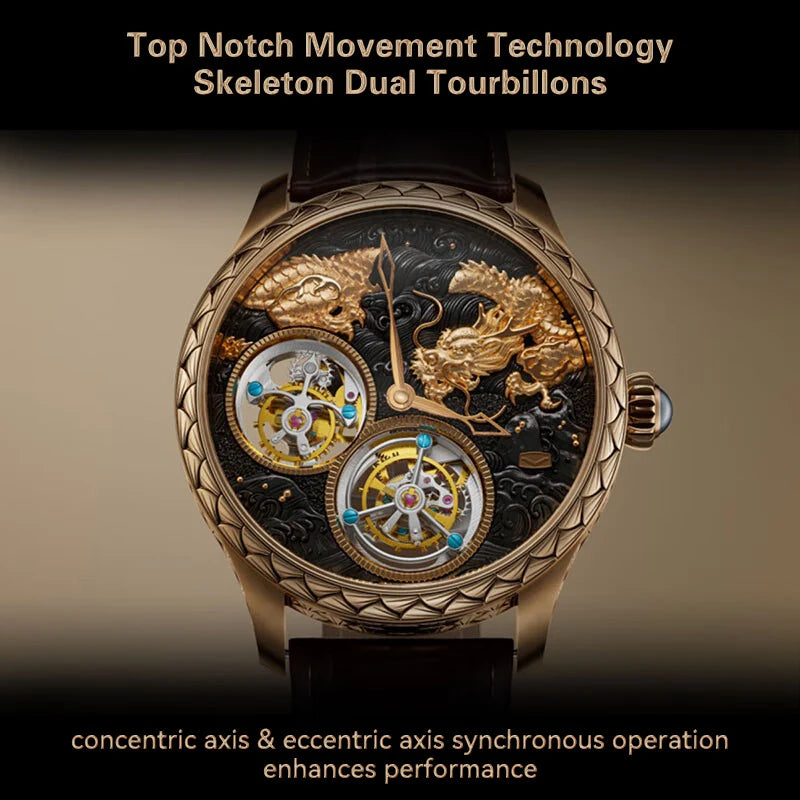 Dual Tourbillon Top Manual Mechanical Watch Hand Wind Watches 18K RoseGlod