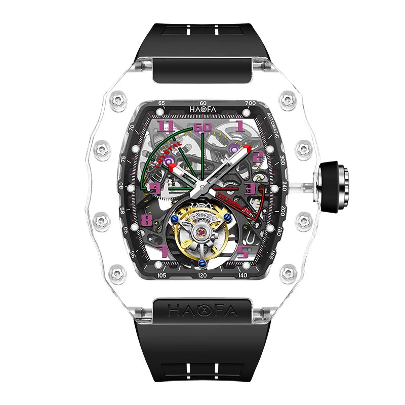 Haofa Tourbillon Crystal Transparent Hollowing Waterproof Luminous Automatic Mechanical Watches