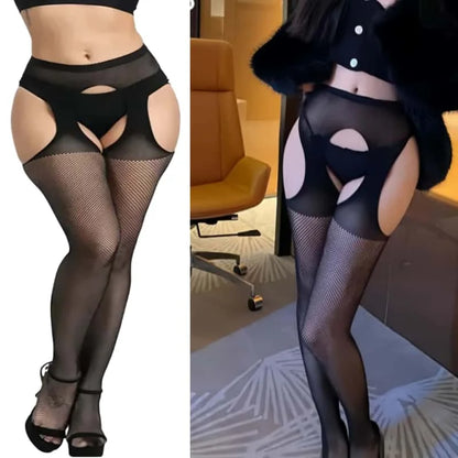 Black fishnet stockings with cut-out design worn by a person in an office setting.