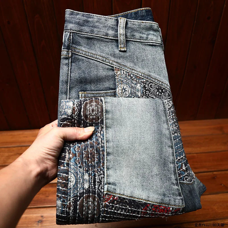 Jeans mit Stickmuster, Herren, modisch, Stretch, Persönlichkeit, elegant, lässig, Retro, Used-Look