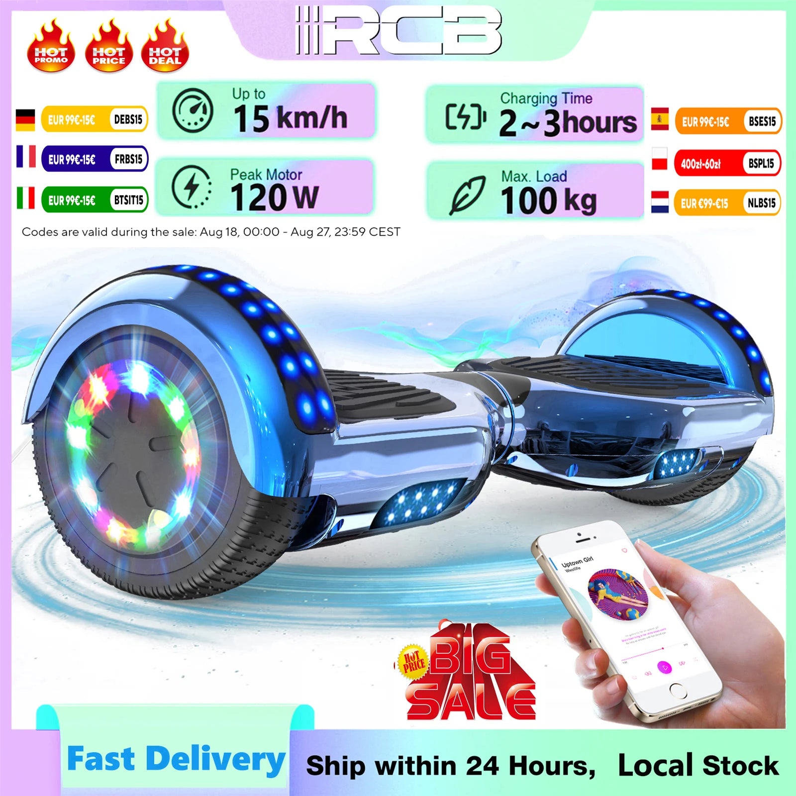 Hoverboard with colorful LED lights and smartphone app on a promotional background with RCB branding.