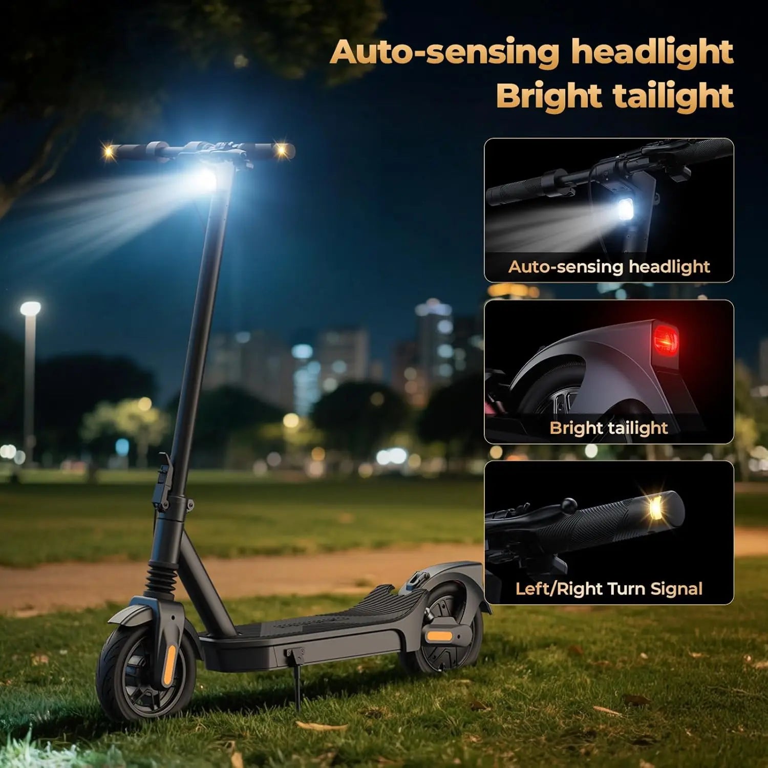 Electric scooter with auto-sensing headlight and bright taillight features at night.