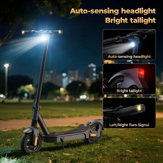 Electric scooter with auto-sensing headlight and bright taillight features at night.