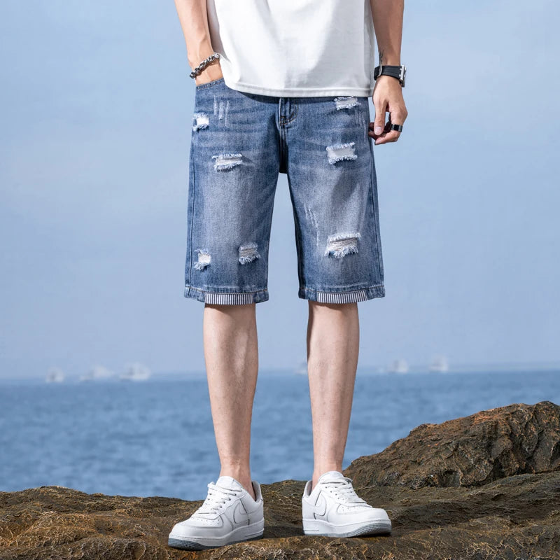 2025 Sommer Herren Shorts Zerrissene Denim Jeans Kurze Hosen Lässige Gerade Retro Blaue Biker Baumwolle Short Pants Männliche Urlaub Streetwear Kleidung