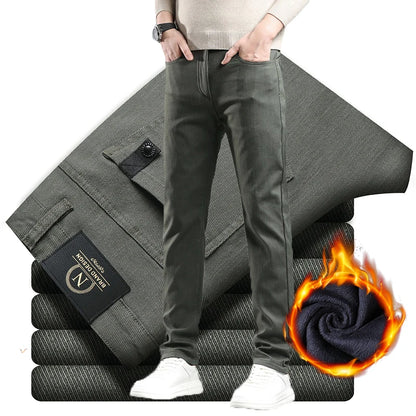 Winter New 2025 Fleece Pants Men's Thick Slim Elastic Business Casual Velvet Pants Warm Fashion Solid Color Plush Trousers Male