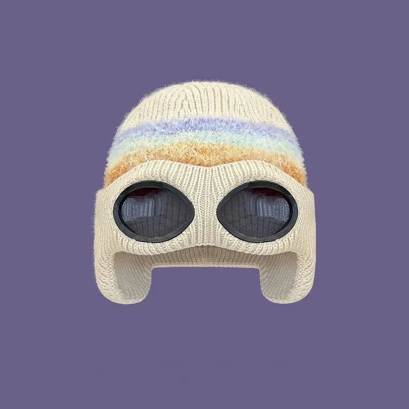 Pilot Goggles with Fleece Knit Hat for Autumn and Winter Cold Weather Protection, Warm Woolen Hat for Men and Women, Versatile T