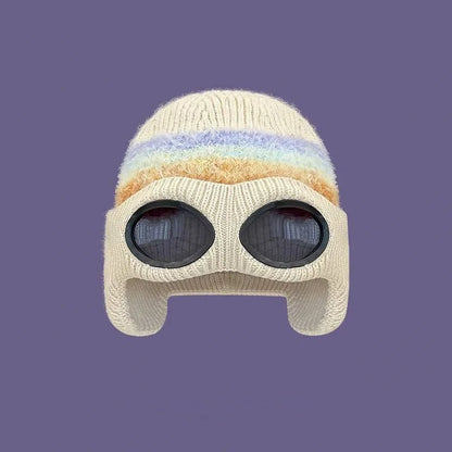 Pilot Goggles with Fleece Knit Hat for Autumn and Winter Cold Weather Protection, Warm Woolen Hat for Men and Women, Versatile T
