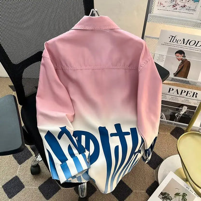Herrenhemd Blau Farbverlauf Plissiert Langarmhemden Locker Koreanisches Hemd Mode Freizeit Oberteil Damenhemd Hochwertige Kleidung
