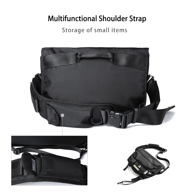 Black multifunctional shoulder strap with storage for small items on a white background